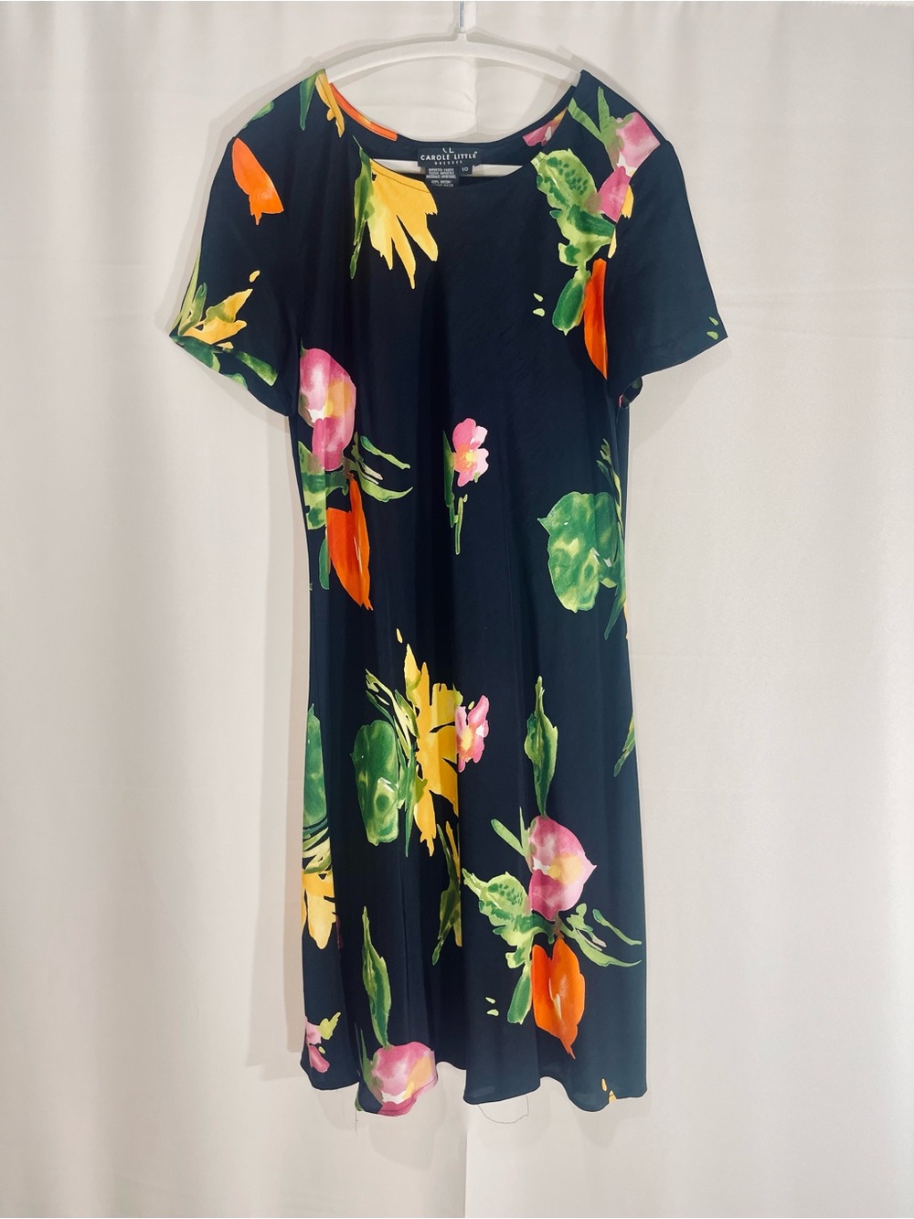 Carol Little Vintage Black Dress with Yellow and Green Floral Accents Size 10